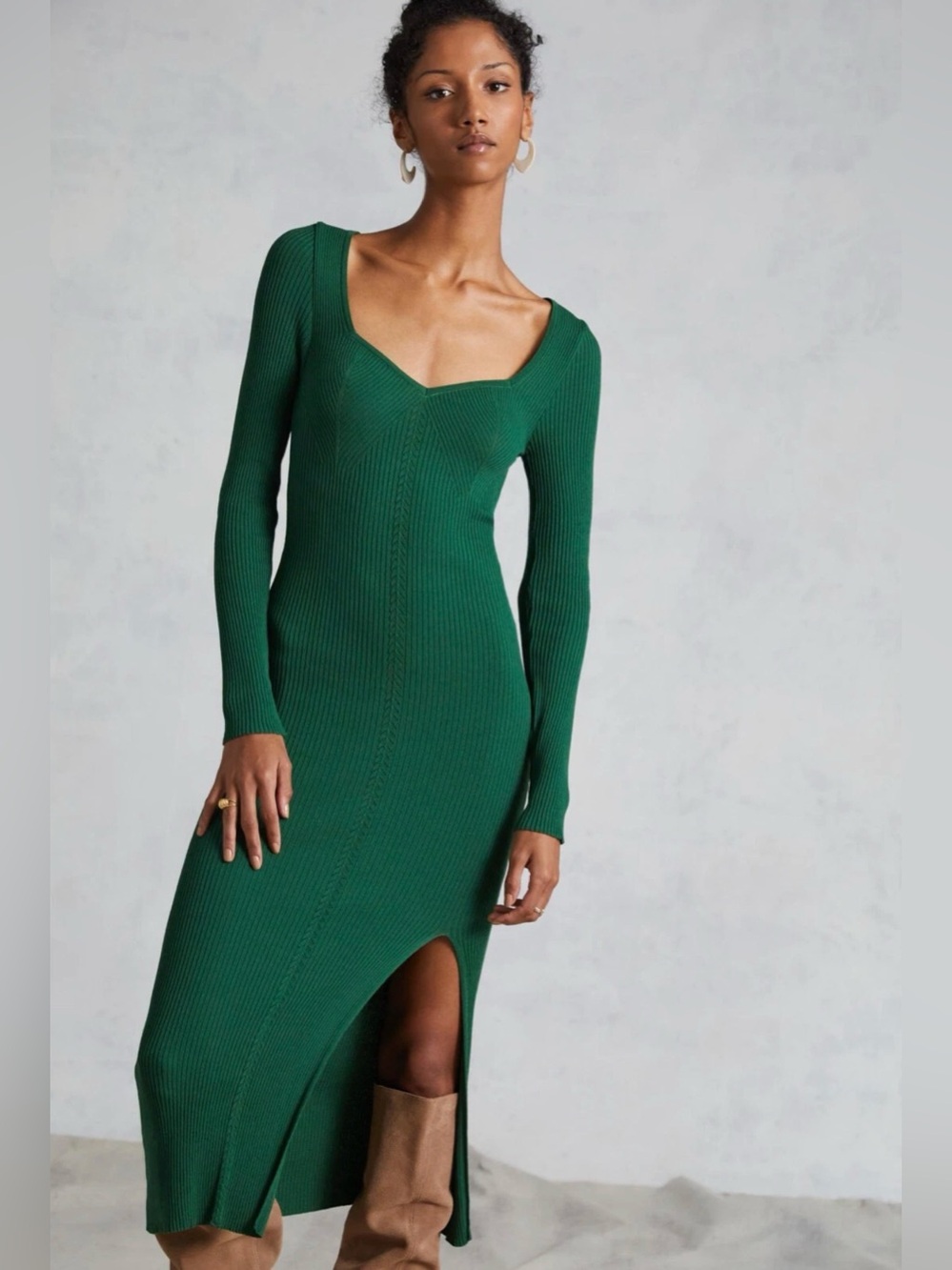 Anthropologie Women’s XS Green Ribbed Knit V-Neck Long Sleeve Midi Side Slit
